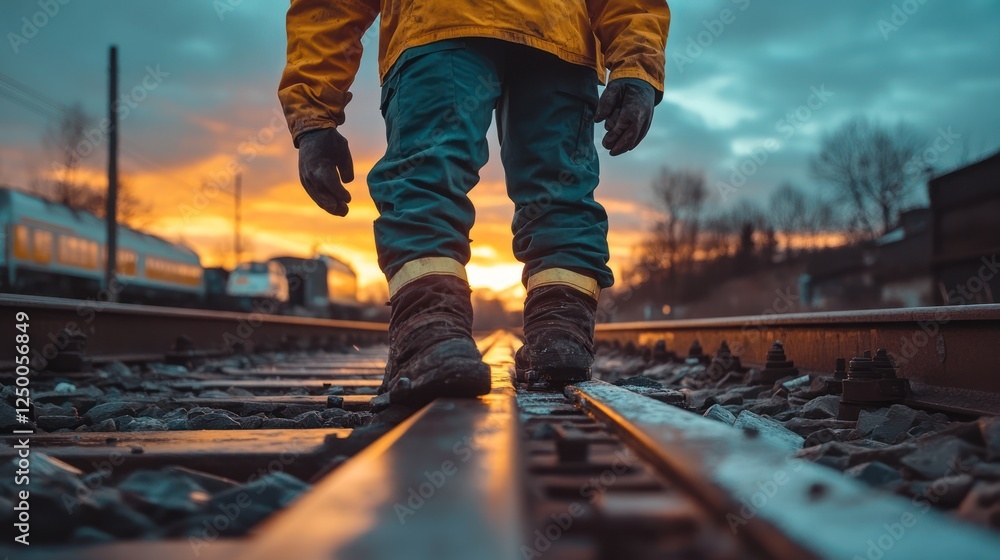 Person walking on railroad tracks at sunset. Person walking on railroad tracks at sunset.