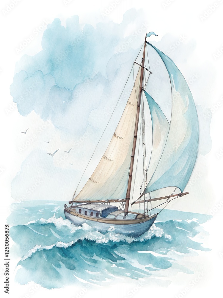 Fototapeta premium Watercolor Sailing Yacht on Ocean Waves Nautical Seascape Painting