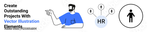 Casual man pointing finger, HR network with upward arrows, simplified person icon in circle. Ideal for HR, teamwork, recruitment, business strategy, communication, leadership flat landing page