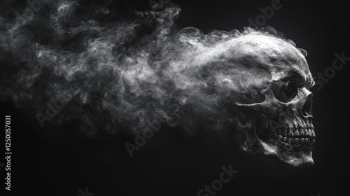 A smoky skull emerging from dark shadows, creating a haunting atmosphere with ethereal wisps