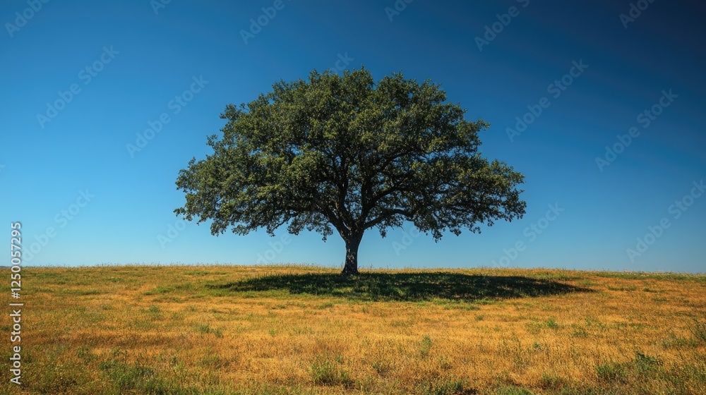 Majestic solitary tree stands on a golden field under a clear blue sky, symbolizing nature's beauty Majestic solitary tree stands on a golden field under a clear blue sky, symbolizing nature's beauty