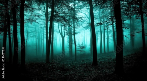 Fototapeta Naklejka Na Ścianę i Meble -  Misty teal forest silhouettes