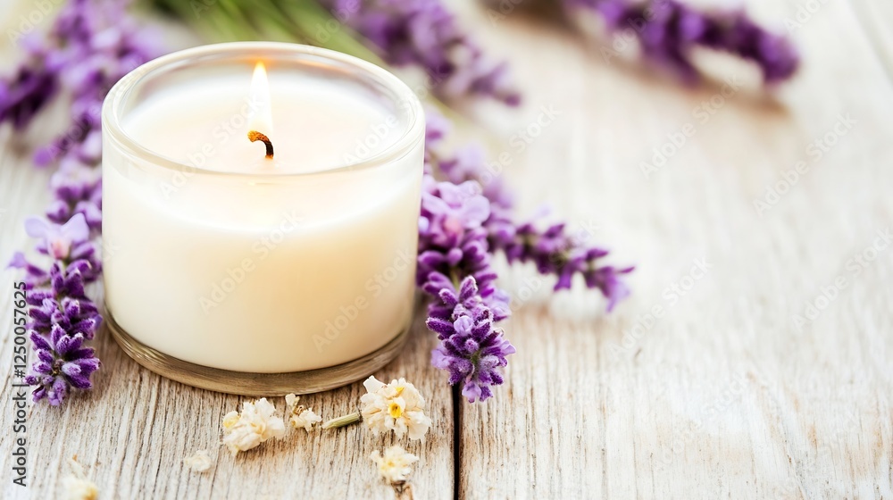 Calming Lavender Candle with Flowers on Rustic Table : Generative AI Calming Lavender Candle with Flowers on Rustic Table : Generative AI