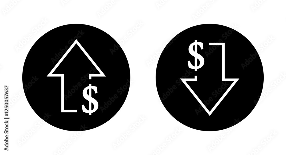 Increase and decrease dollar arrow icon on black circle. USD up and down sign symbol Increase and decrease dollar arrow icon on black circle. USD up and down sign symbol