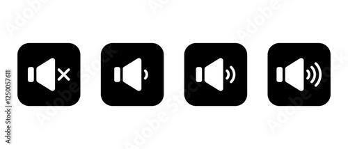 Sound speaker level icon on black square. Audio volume sign symbol