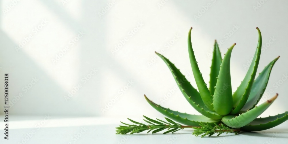 Serene Aloe Vera and Aromatic Herb Arrangement on a Soft White Background with Gentle Light and Shadows Serene Aloe Vera and Aromatic Herb Arrangement on a Soft White Background with Gentle Light and Shadows