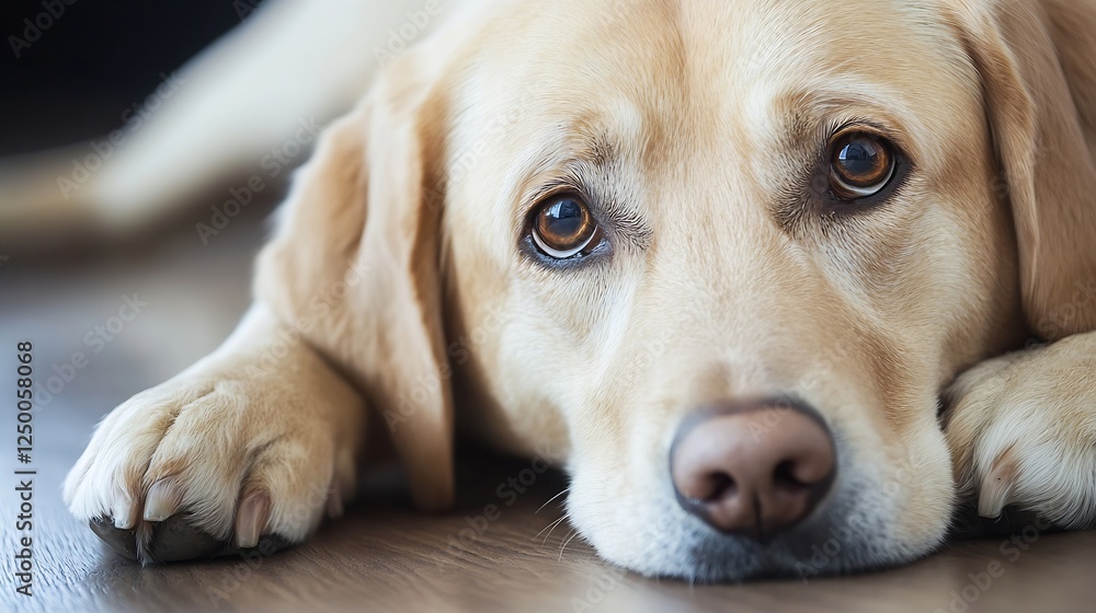 Closeup of an adorable Labrador dog lying down looking thoughtfully at the camera : Generative AI Closeup of an adorable Labrador dog lying down looking thoughtfully at the camera : Generative AI