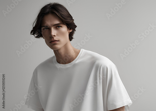 Wallpaper Mural Young Man with Dark Brown Hair in a White T Shirt Studio Portrait Torontodigital.ca