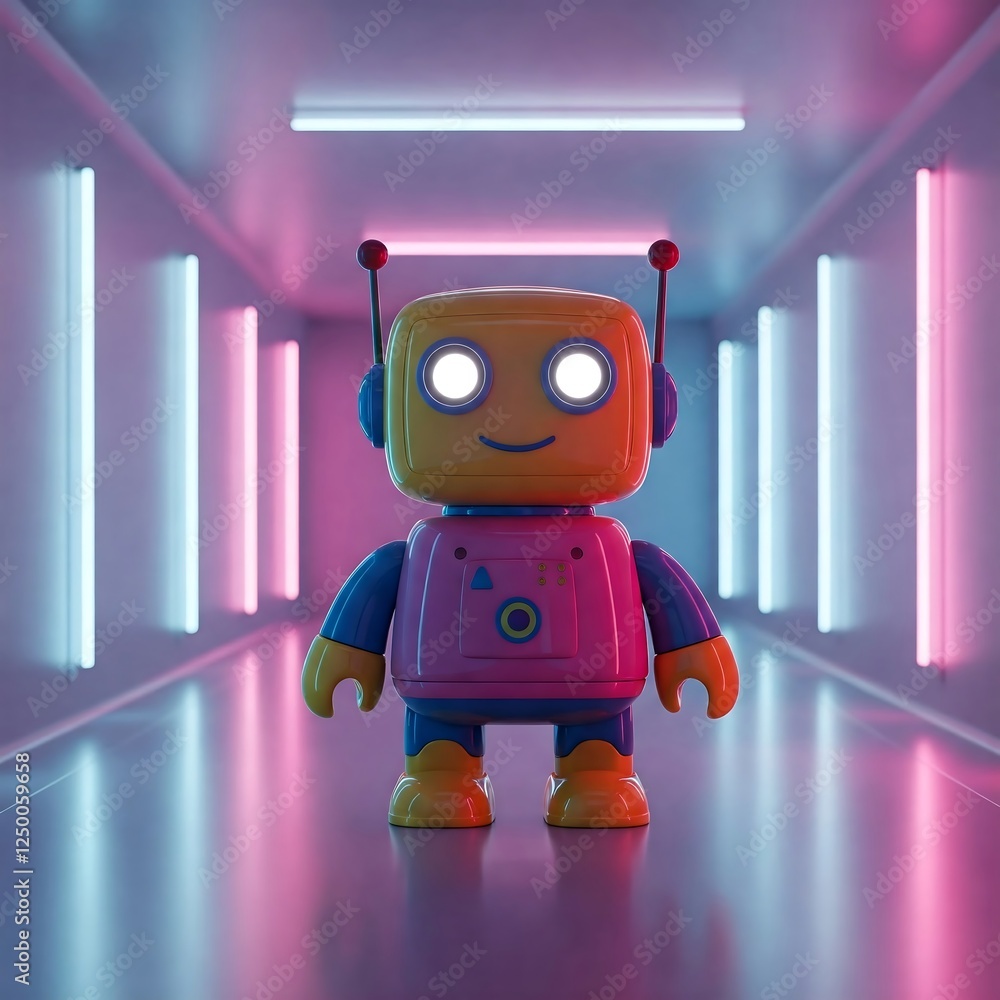 Cute Robot in Neon Corridor 3d Render