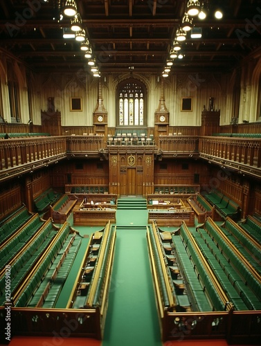 Interior view of the historic House of Commons showcasing exquisite woodwork and seating arrangement : Generative AI