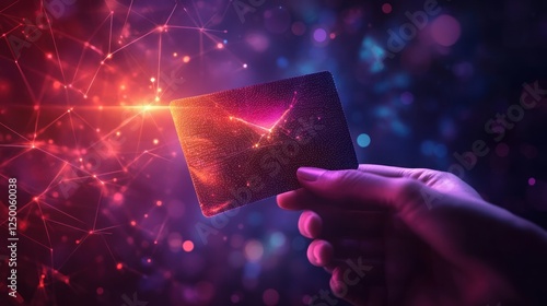 Hand holding futuristic card with glowing nebula.