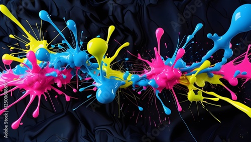 bright neon paint droplets and streaks explosively splattered across a rich, velvety black background