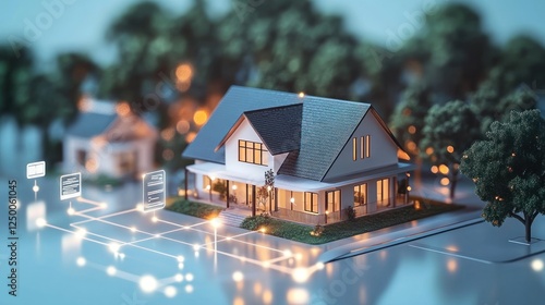 Smart home, night, neighborhood, digital network, security, illustration, real estate photo