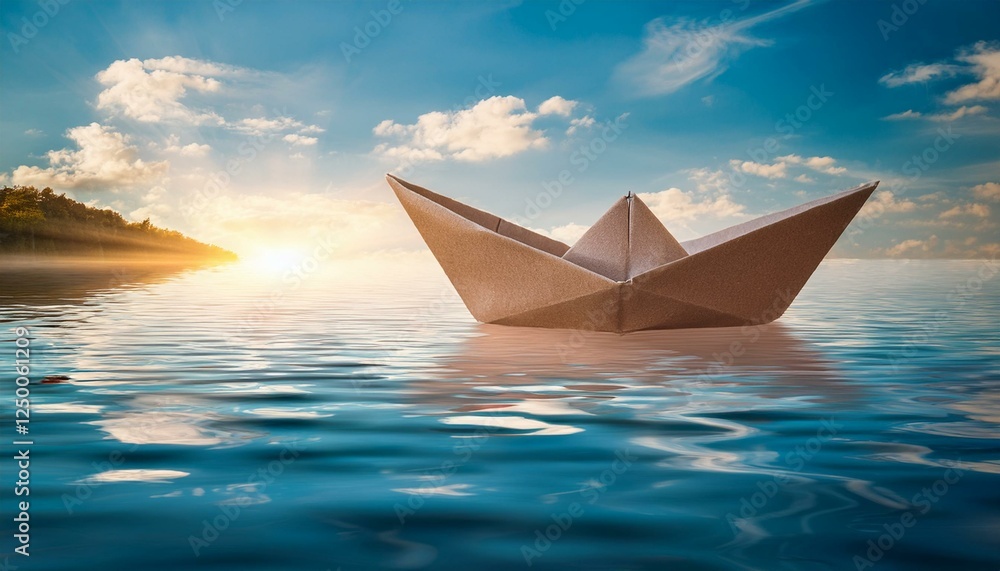 An Origami boat sailing into a lagoon; concept of leadership, teamwork; loneliness and mystery of life; An Origami boat sailing into a lagoon; concept of leadership, teamwork; loneliness and mystery of life;
