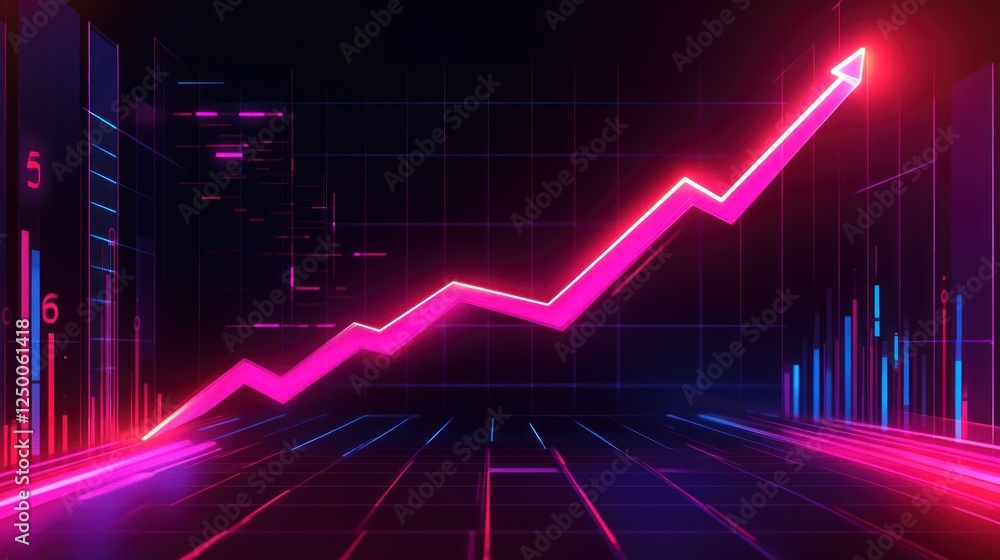 Ascending neon arrow, financial growth, digital background, data visualization, stock market Ascending neon arrow, financial growth, digital background, data visualization, stock market