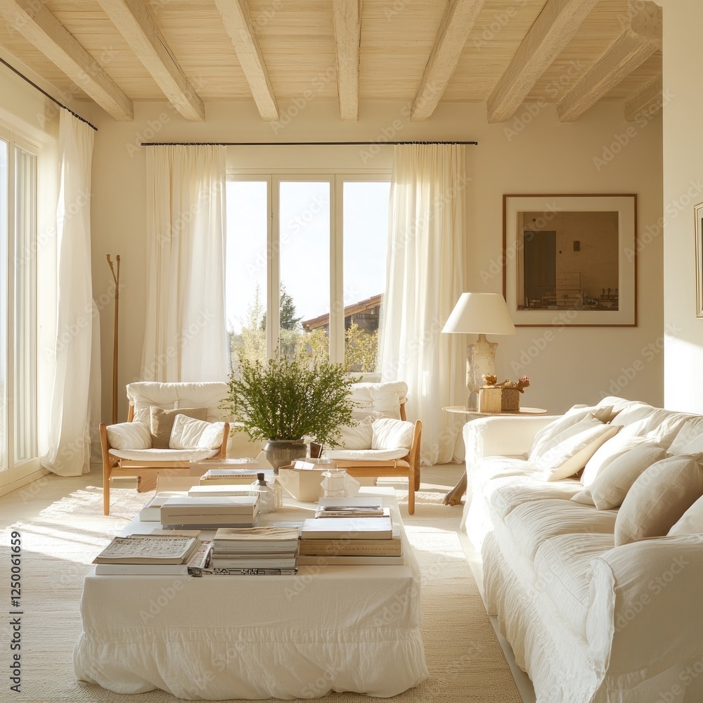 Fototapeta premium Sunlit Tuscan villa living room, serene interior design, books, calm background, home decor