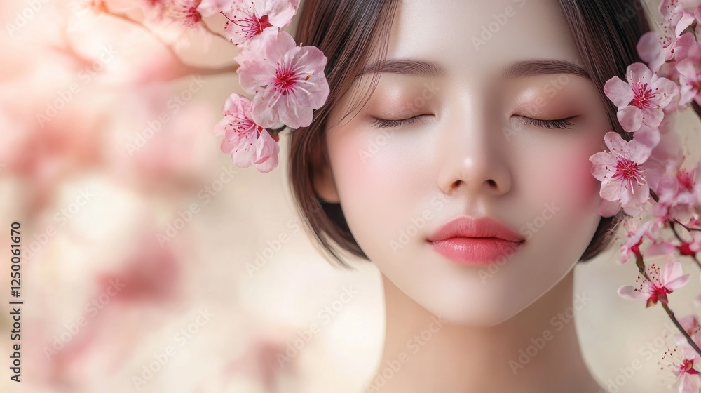Serene woman, cherry blossoms, spring, peaceful, beauty, skincare, portrait, advertising Serene woman, cherry blossoms, spring, peaceful, beauty, skincare, portrait, advertising