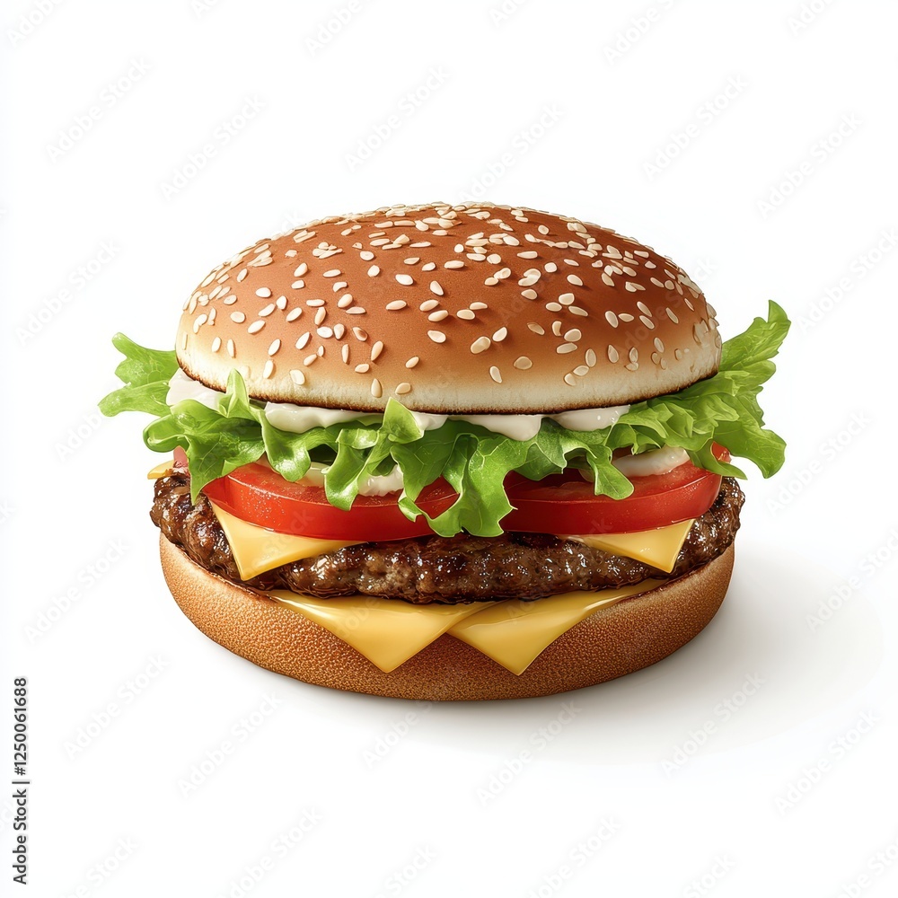 Juicy double cheeseburger with lettuce, tomato, and sesame bun. Juicy double cheeseburger with lettuce, tomato, and sesame bun.