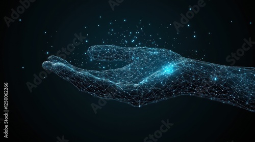 Glowing polygonal hand holding digital particles.