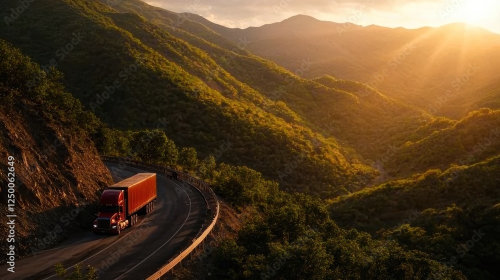 Fototapeta premium A red truck navigates a winding mountain road during sunset, surrounded by lush greenery and distant hills.