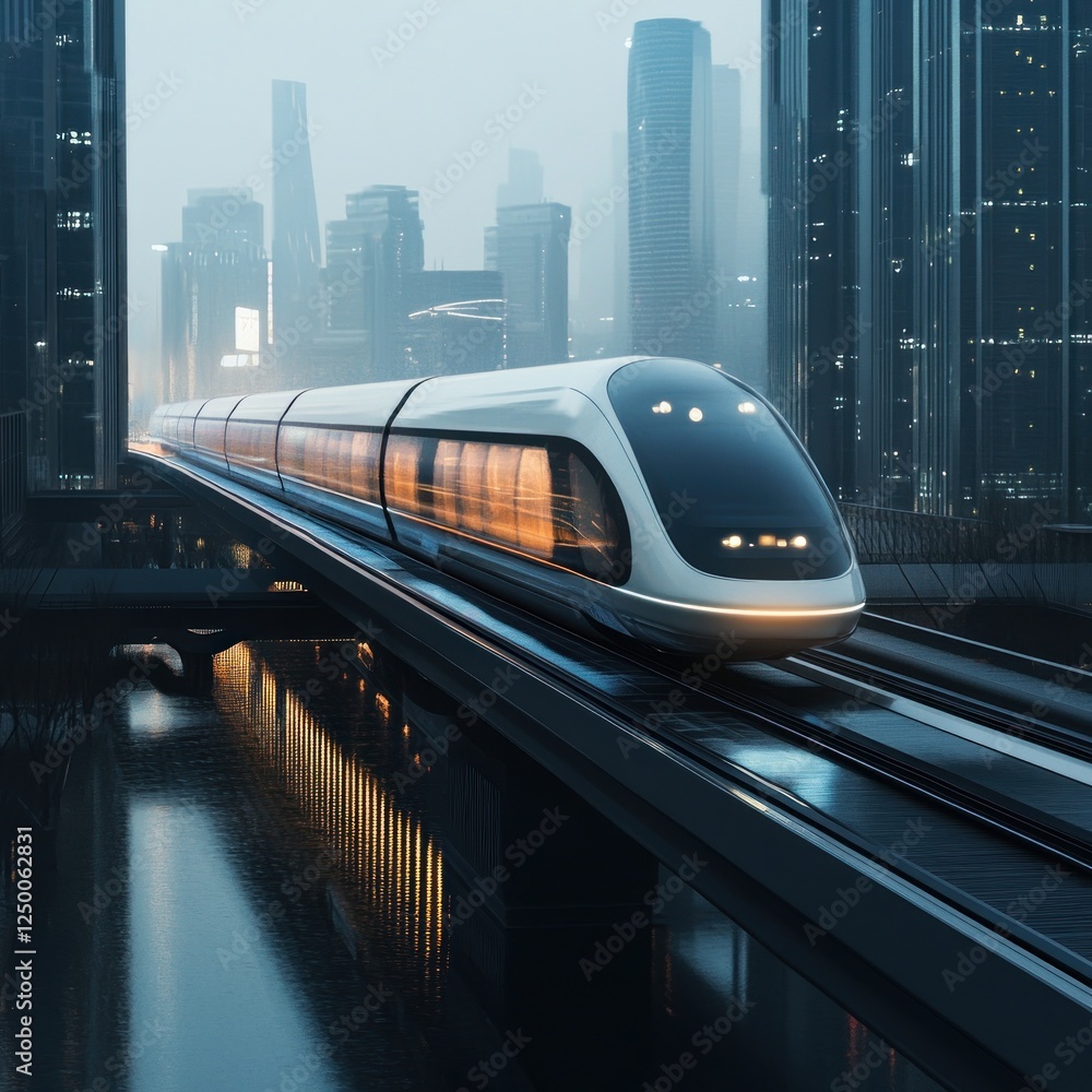 Fototapeta premium Futuristic train speeds through city, dawn, water reflection, urban transport