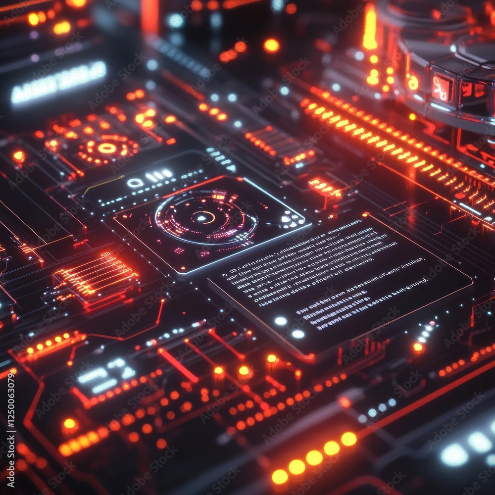 Futuristic circuit board displaying data, glowing red, tech background, digital interface Futuristic circuit board displaying data, glowing red, tech background, digital interface