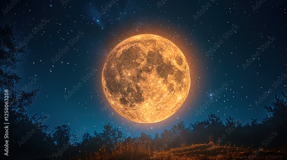 Bright full moon in clear night sky, surrounded by twinkling stars, creates serene atmosphere Bright full moon in clear night sky, surrounded by twinkling stars, creates serene atmosphere