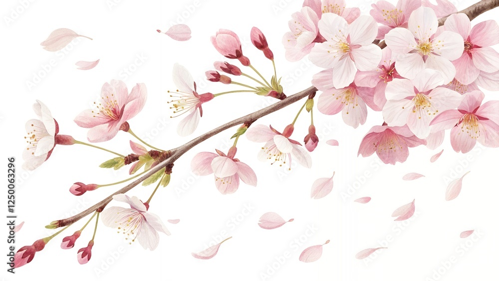 Fototapeta premium Delicate Pink Cherry Blossom Branch Spring Flowers Falling Petals Nature Background