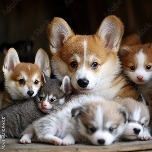 Mother corgi nursing puppies in wooden crate, dark background, pet adoption photo