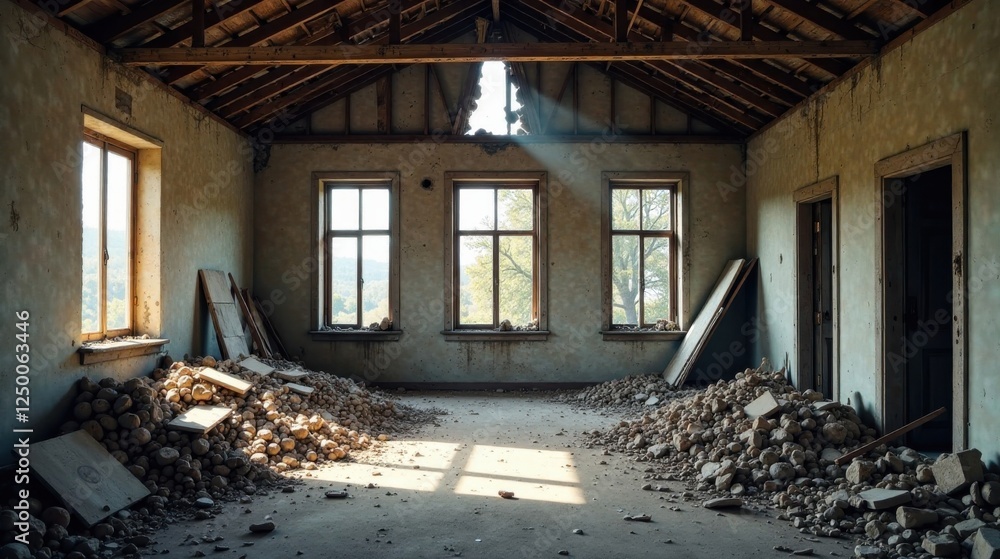 Sunlit Derelict Room Filled with Rubble During a Demolition Project Sunlit Derelict Room Filled with Rubble During a Demolition Project