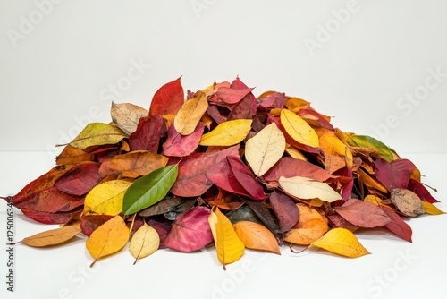 Colorful autumn leaves pile on white.