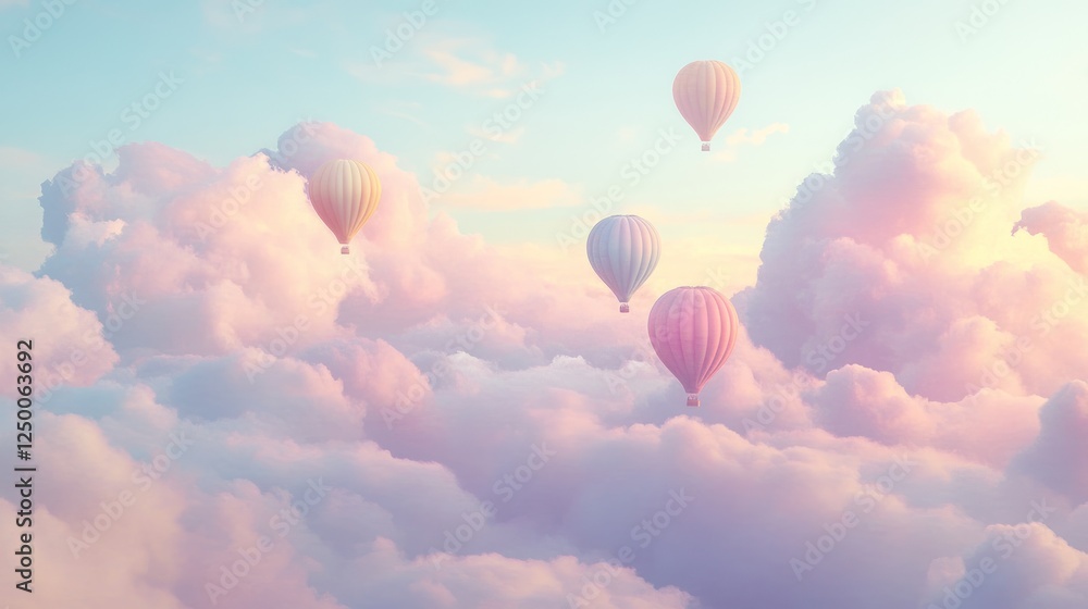 Fototapeta premium Pastel hot air balloons soar through dreamy sunset cloudscape