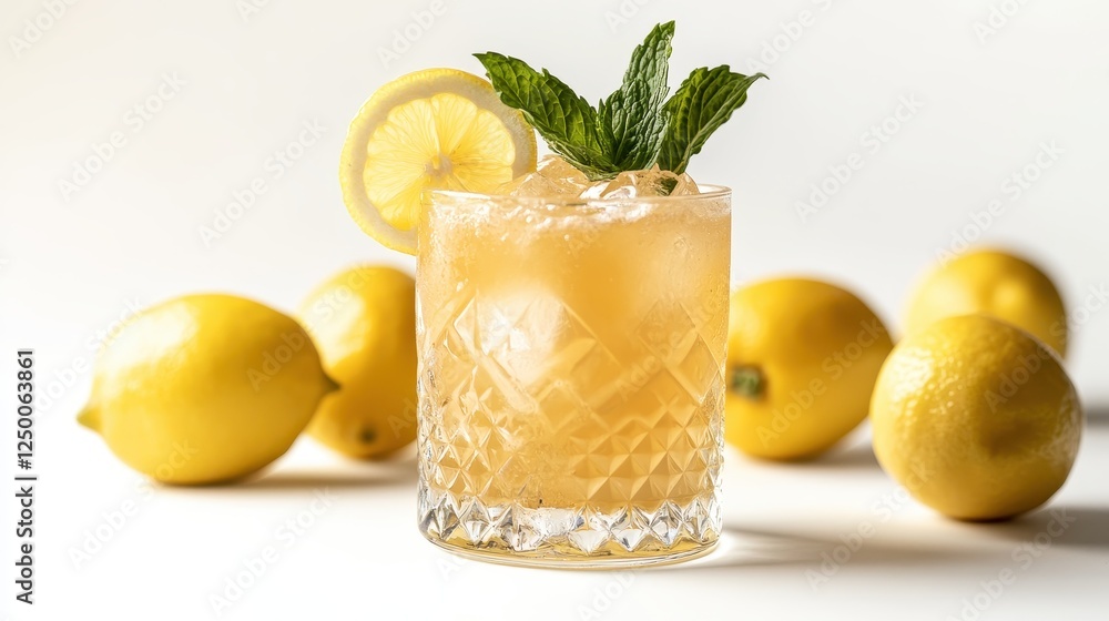 Fototapeta premium A chilled glass of lemon iced beverage, decorated with mint sprigs and a slice of lemon, with whole lemons arranged nearby on a white background