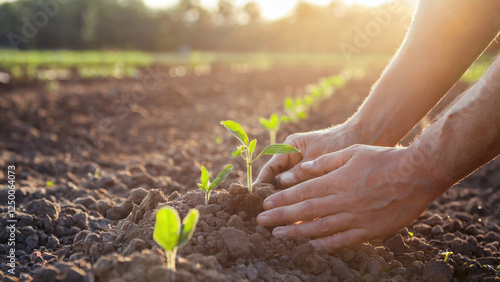 Planting Young Seedlings at Sunrise photo