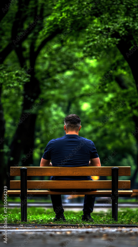 Fototapeta premium A solitary figure sits on a bench surrounded by lush greenery, reflecting in a serene park, embodying peaceful solitude and the beauty of nature’s embrace.
