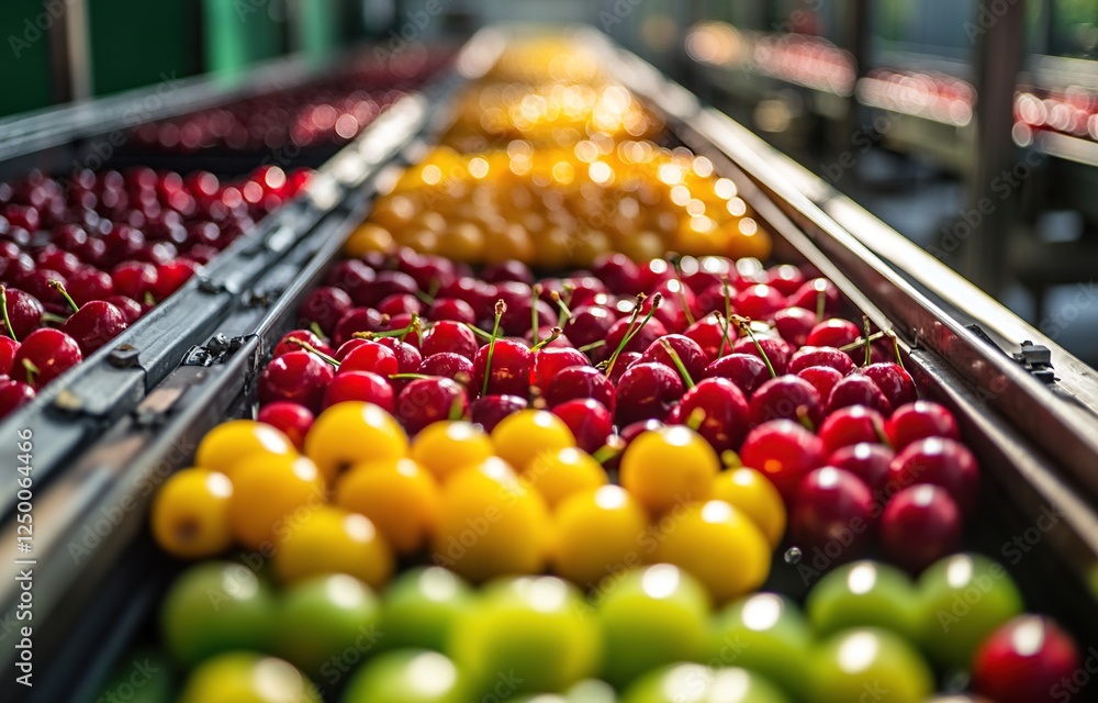 Vibrant Cherries, Plums, and Apricots on Conveyor Belt: A Colorful Harvest Scene of Fresh Fruits Vibrant Cherries, Plums, and Apricots on Conveyor Belt: A Colorful Harvest Scene of Fresh Fruits