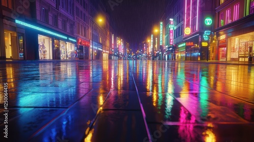 Wallpaper Mural Vibrant city street at night with neon lights reflecting on wet pavement Torontodigital.ca