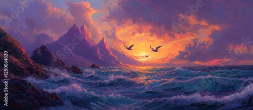 Dramatic Seascape Painting: Majestic Mountains Meet Turbulent Ocean at Sunset