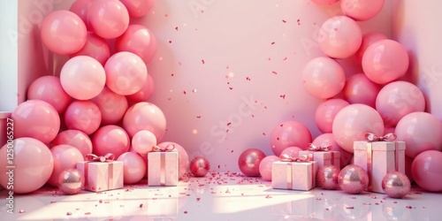 A festive scene of pink balloons, gifts, and confetti celebrating a joyous occasion