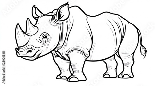 Black and white rhino illustration, side view, artistic rendering, use for education or print photo