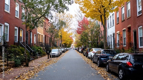 Charming autumn street lined with historic brick houses and colorful leaves creating a picturesque scene : Generative AI