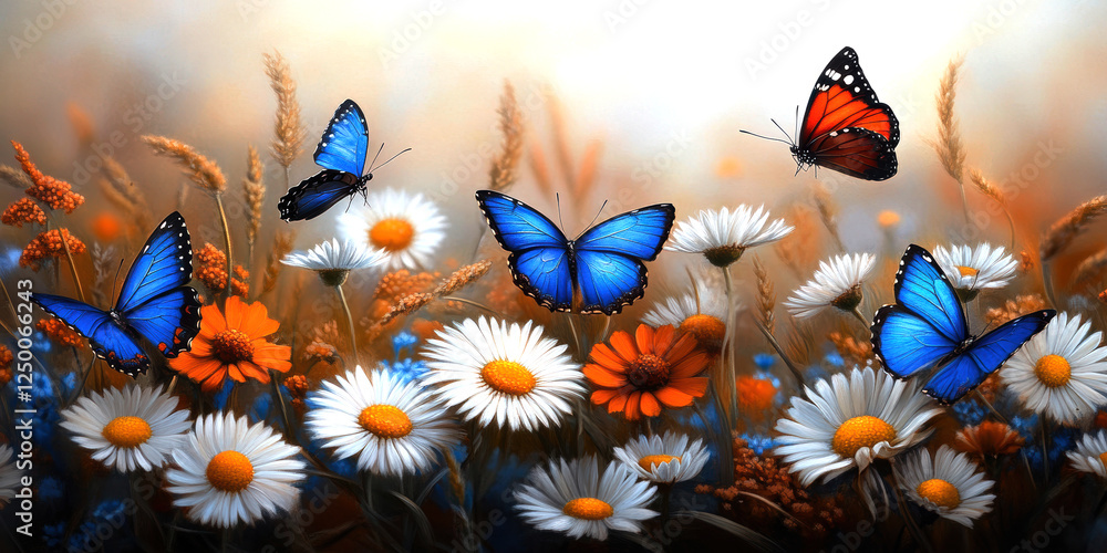 A serene landscape filled with vivid butterflies dancing among colorful daisies, creating a picturesque scene of nature's beauty and tranquility. A serene landscape filled with vivid butterflies dancing among colorful daisies, creating a picturesque scene of nature's beauty and tranquility.