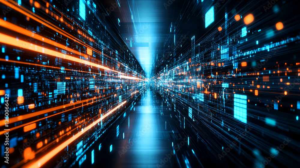 3D render, an abstract digital background with glowing lights and pixelated elements, creating an immersive cyberpunk atmosphere. The composition includes rows of red light bars on the left 3D render, an abstract digital background with glowing lights and pixelated elements, creating an immersive cyberpunk atmosphere. The composition includes rows of red light bars on the left