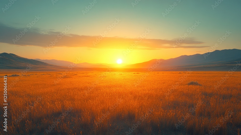 Golden sunset over a vast field with distant mountains under a clear sky, serene and tranquil Golden sunset over a vast field with distant mountains under a clear sky, serene and tranquil