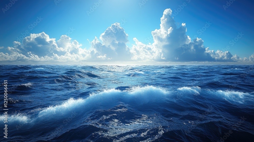 Fototapeta premium Serene Ocean Waves Under Bright Blue Sky with Fluffy Clouds and Sunlight Reflections