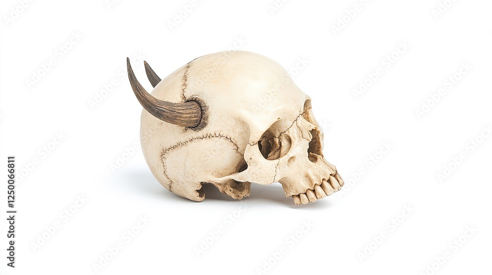 Obraz premium A detailed close-up of a horned skull on a clean white background, emphasizing its intricate features