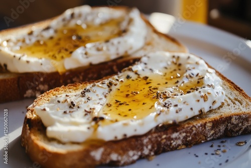 Wallpaper Mural Cream cheese, honey, and spices on toasted bread. Perfect for breakfast or a light snack, showcasing delicious textures and flavors. Torontodigital.ca