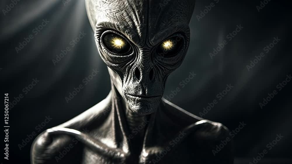 Intriguing Close-Up of a Grey Alien Figure, Glowing Eyes, Dark Background Intriguing Close-Up of a Grey Alien Figure, Glowing Eyes, Dark Background