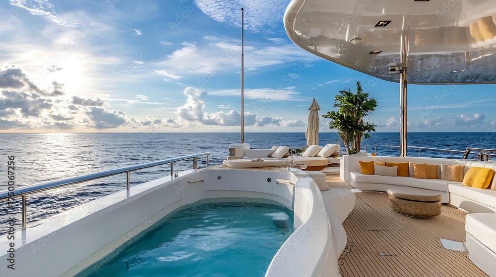 Fototapeta premium Luxurious Yacht Deck with Swimming Pool and Comfortable Lounge Area Overlooking the Ocean at Sunset : Generative AI
