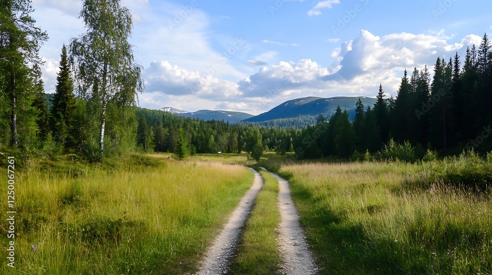 Scenic View of a Sandy Road Surrounded by Beautiful Green Fields and Lush Forest Under a Bright Sky : Generative AI Scenic View of a Sandy Road Surrounded by Beautiful Green Fields and Lush Forest Under a Bright Sky : Generative AI